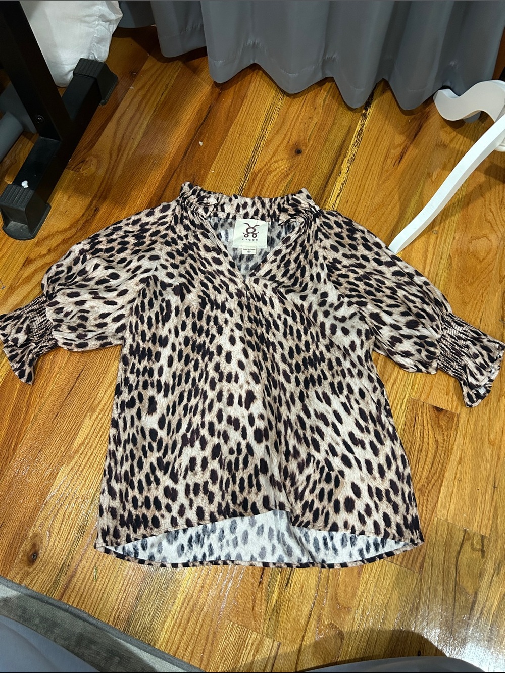 FIGUE 100% Silk Leopard Print Puff Sleeve Blouse - Neutral/Tan